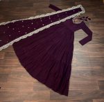 MODERN GEORGETTE PLAIN FRILL WORK GOWN WITH SEQUENCE EMBROIDERY WORK DUPATTA PARTY WEAR WHOLESALE PRICE ETHNICGARMENT (61)