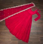 MODERN GEORGETTE PLAIN FRILL WORK GOWN WITH SEQUENCE EMBROIDERY WORK DUPATTA PARTY WEAR WHOLESALE PRICE ETHNICGARMENT (65)