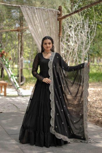 MODERN GEORGETTE PLAIN FRILL WORK GOWN WITH  SEQUENCE EMBROIDERY WORK DUPATTA BLACK