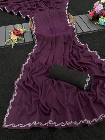 MODERN GEORGETTE  SILK SWAROVSKI WORK SAREE WITH UNSTITCHED BLOUSE PURPLE