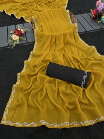 MODERN GEORGETTE  SILK SWAROVSKI WORK SAREE WITH UNSTITCHED BLOUSE YELLOW