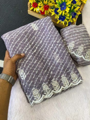 MODERN GEORGETTE SIMMER BANDHANI PRINT EMBROIDERY WORK SAREE WITH UNSTITCHED BLOUSE LAVENDER