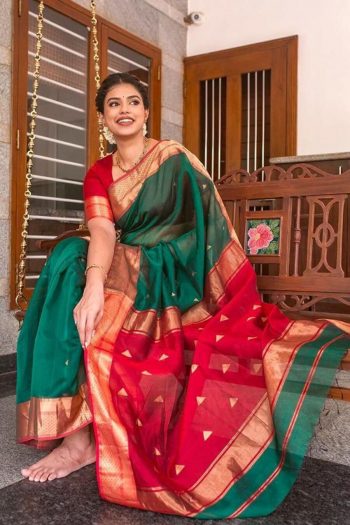 MODERN LICHI SILK JACQUARD BORDER WORK SAREE WITH UNSTITCHED BLOUSE GREEN