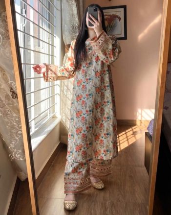 MODERN  PURE NATURAL ROMAN SILK DIGITAL PRINT WITH EMBROIDERY SEQUENCE WORK TOP PALAZZO SET CREAM