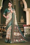 MODERN PURE PACHMINA PRINT SILK SAREE WITH  UNTITCHED BLOUSE GREEN