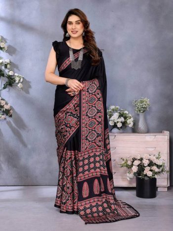 MODERN SEMI GAJI AJRAKH LAGDI WORK SAREE WITH UNSTITCHED BLOUSE BLACK