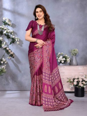 MODERN SEMI GAJI AJRAKH LAGDI WORK SAREE WITH UNSTITCHED BLOUSE WINE