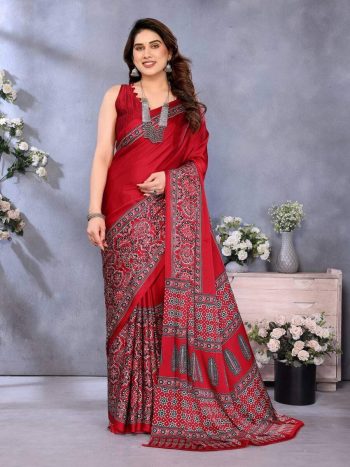 MODERN SEMI GAJI AJRAKH LAGDI WORK SAREE WITH UNSTITCHED BLOUSE RED