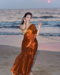 MODERN SOFT FANDY CHIFFON  SEQUENCE LACE BORDER WORK  SAREE WITH UNSTITCHED BLOUSE ORANGE