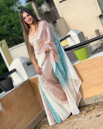 MODERN SOFT GEORGETTE SHADED SEQUENCE WORK SAREE WITH UNSTITCHED BLOUSE SKY