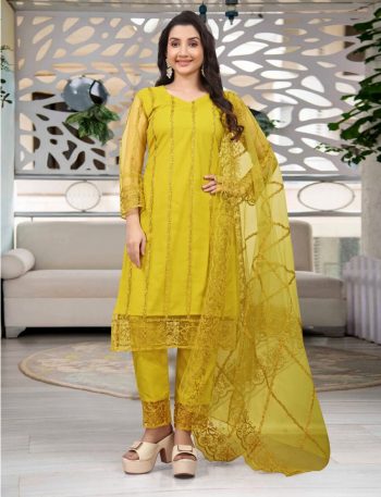 MOST PICKED NET EMBROIDERY WORK TOP BOTTOM WITH DUPATTA  YELLOW
