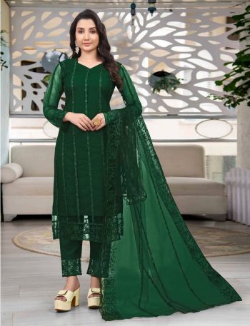 MOST PICKED NET EMBROIDERY WORK TOP BOTTOM WITH DUPATTA  GREEN