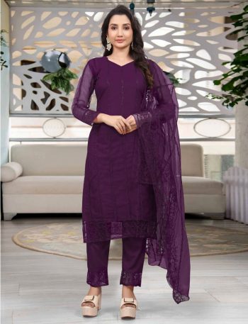 MOST PICKED NET EMBROIDERY WORK TOP BOTTOM WITH DUPATTA  PURPLE