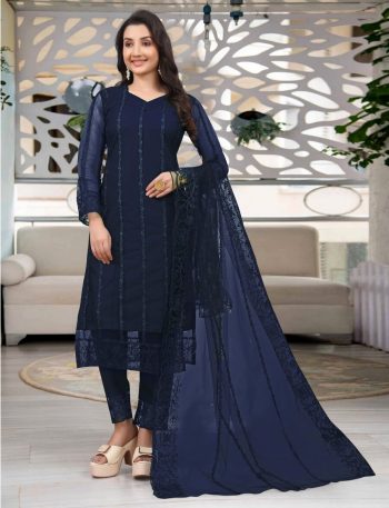 MOST PICKED NET EMBROIDERY WORK TOP BOTTOM WITH DUPATTA  NAVY BLUE