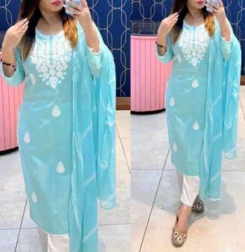 MOST PICKED RAYON COTTON CHIKANKARI STYLE EMBROIDERY WORK TOP BOTTOM WITH DUPATTA SKY