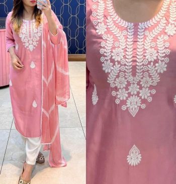 MOST PICKED RAYON COTTON CHIKANKARI STYLE EMBROIDERY WORK TOP BOTTOM WITH DUPATTA BABY PINK