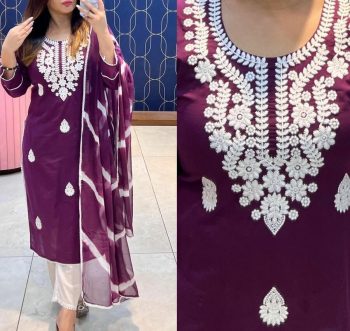 MOST PICKED RAYON COTTON CHIKANKARI STYLE EMBROIDERY WORK TOP BOTTOM WITH DUPATTA WINE