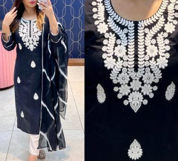 MOST PICKED RAYON COTTON CHIKANKARI STYLE EMBROIDERY WORK TOP BOTTOM WITH DUPATTA BLACK