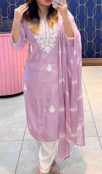 MOST PICKED RAYON COTTON CHIKANKARI STYLE EMBROIDERY WORK TOP BOTTOM WITH DUPATTA LAVENDER