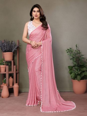 MOST TRENDING SATIN POLYESTER ZARI PLAIN SAREE WITH EMBROIDERY WORK UNSTITCHED BLOUSE PINK