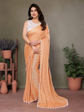 MOST TRENDING SATIN POLYESTER ZARI PLAIN SAREE WITH EMBROIDERY WORK UNSTITCHED BLOUSE ORANGE