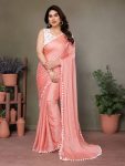 MOST TRENDING SATIN POLYESTER ZARI PLAIN SAREE WITH EMBROIDERY WORK UNSTITCHED BLOUSE PEACH