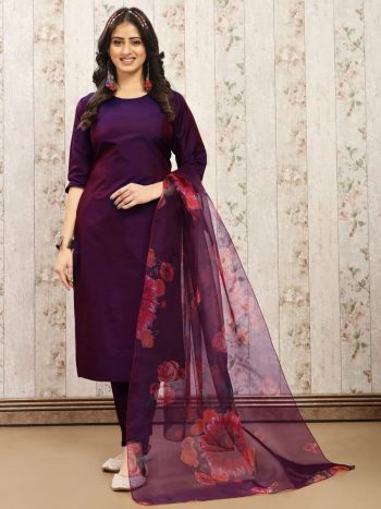 NEW ARRIVAL ART SILK PLAIN TOP BOTTOM WITH DIGITAL PRINTED DUPATTA  PURPLE