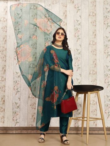 NEW ARRIVAL ART SILK PLAIN TOP BOTTOM WITH DIGITAL PRINTED DUPATTA GREEN