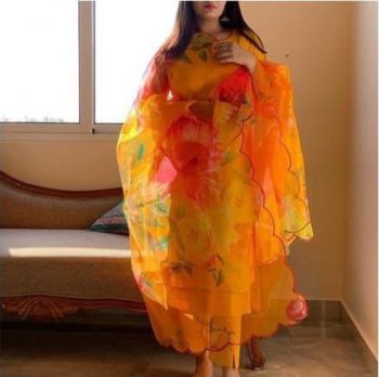 NEW ARRIVAL ART SILK PLAIN TOP BOTTOM WITH DIGITAL PRINTED DUPATTA YELLOW