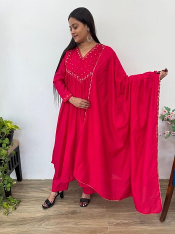 NEW ARRIVAL CHANDERI COTTON HAND WORK ANARKALI GOWN BOTTOM WITH DUPATTA  RANI