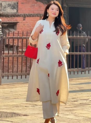 NEW ARRIVAL CHANDERI EMBROIDERY WORK TOP BOTTOM SET WHITE