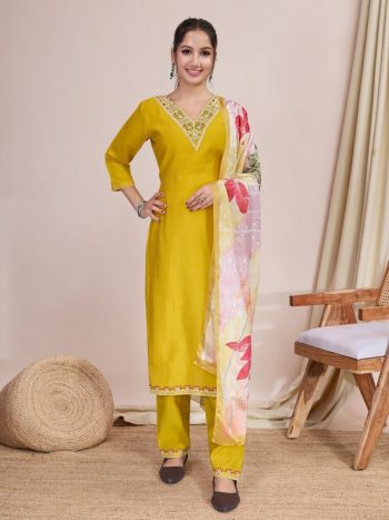 NEW ARRIVAL CHANDERI EMBROIDERY WORK TOP BOTTOM WITH DUPATTA YELLOW