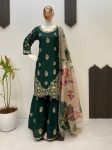 NEW ARRIVAL CHINON EMBROIDERY SEQUENCE WORK TOP SHARARA WITH DUPATTA GREEN