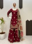 NEW ARRIVAL CHINON EMBROIDERY SEQUENCE WORK TOP SHARARA WITH DUPATTA MAROON