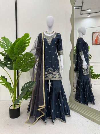 NEW ARRIVAL CHINON THREAD AND SEQUENCE WORK TOP SHARARA WITH DUPATTA NAVY BLUE