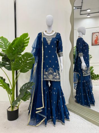NEW ARRIVAL CHINON THREAD AND SEQUENCE WORK TOP SHARARA WITH DUPATTA  BLUE