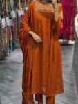 NEW ARRIVAL COTTON EMBROIDERY WORK TOP BOTTOM WITH DUPATTA ORANGE