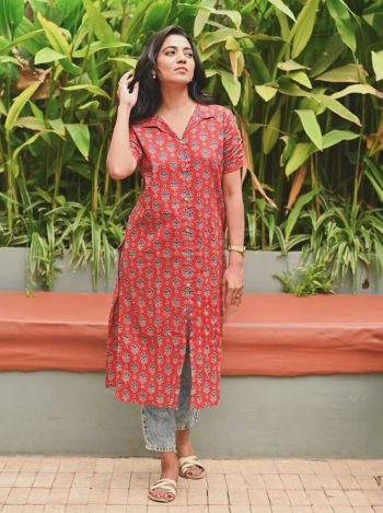 NEW ARRIVAL COTTON FLOWER PRINTED KURTI RED