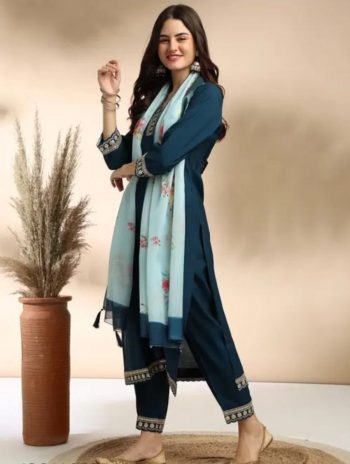 NEW ARRIVAL COTTON SLUB SEQUENCE EMBROIDERY WORK TOP BOTOM WITH DUPATTA TEAL