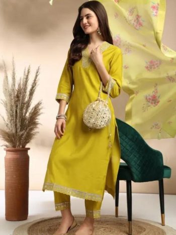 NEW ARRIVAL COTTON SLUB SEQUENCE EMBROIDERY WORK TOP BOTOM WITH DUPATTA LEMON