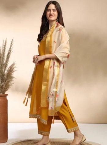 NEW ARRIVAL COTTON SLUB SEQUENCE EMBROIDERY WORK TOP BOTOM WITH DUPATTA YELLOW