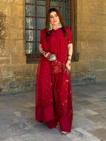 NEW ARRIVAL CREEP SILK EMBROIDERY SEQUENCE WORK TOP PATIYALA WITH DUPATTA RED