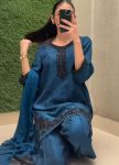 NEW ARRIVAL CREPE SILK EMBROIDERY SEQUENCE WORK TOP PATIYALA WITH DUPATTA TEAL