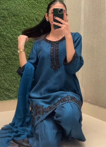 NEW ARRIVAL CREPE SILK EMBROIDERY SEQUENCE WORK TOP PATIYALA WITH DUPATTA TEAL