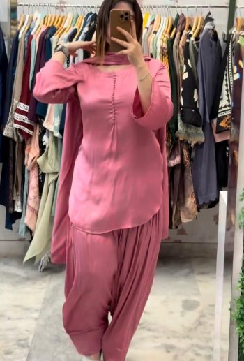 NEW ARRIVAL CREPE SILK FANCY BUTTON WORK TOP PATIYALA WITH DUPATTA BABY PINK