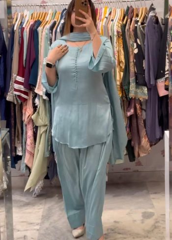 NEW ARRIVAL CREPE SILK FANCY BUTTON WORK TOP PATIYALA WITH DUPATTA GREY