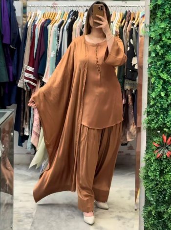 NEW ARRIVAL CREPE SILK FANCY BUTTON WORK TOP PATIYALA WITH DUPATTA CHIKU