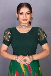 NEW ARRIVAL CRUSH LYCRA PLAIN WITH PRINTED BALOON SLEEVE STITCHED BLOUSE  GREEN