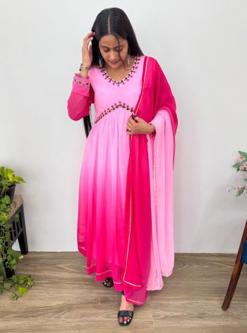 NEW ARRIVAL FANCY GEORGETTE HAND EMBROIDERY WITH REAL MIRROR WORK ALIA CUT GOWN BOTTOM WITH DUPATTA PINK