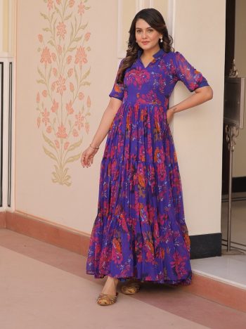 NEW ARRIVAL FAUX GEORGETTE  PRINT WORK GOWN PURPLE